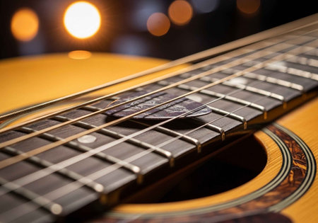 A close-up view of an acoustic guitar's neck and strings in a dimly lit room