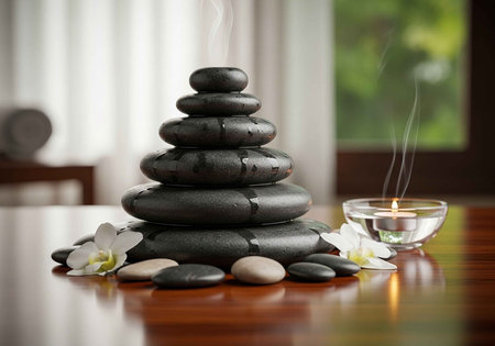 A serene arrangement of black stones and white flowers on a wooden table