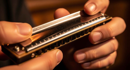 A person holding a harmonica in their hands, ready to play music