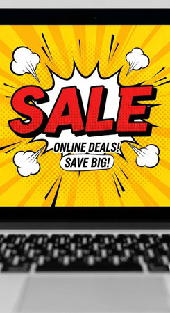 A laptop screen displays a vibrant online sale advertisement with a bold offer
