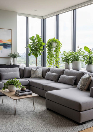 A modern living room with a gray sectional sofa and large windows