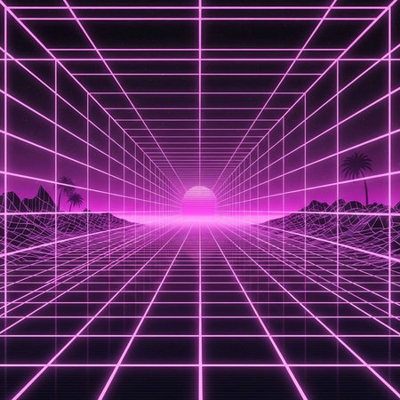 A vibrant pink neon grid landscape with a glowing sun and palm trees