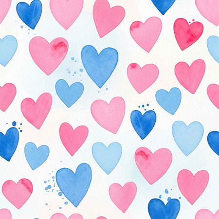 A colorful pattern of pink and blue hearts on a white background