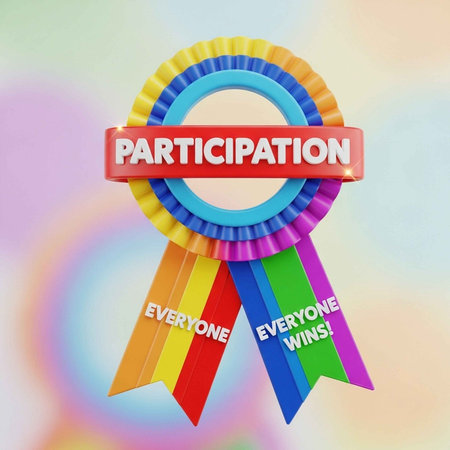 A colorful participation ribbon with a rainbow background and motivational text
