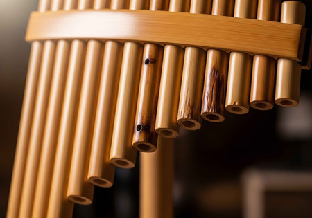 A close-up view of a traditional wooden panpipe instrument with bamboo tubes