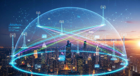 A futuristic cityscape with a glowing blue dome and 5G network connections at sunset
