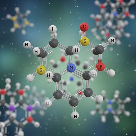 A detailed 3D model of a molecular structure with various atoms and bondsの写真素材