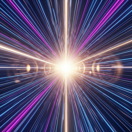 A vibrant and dynamic abstract image of colorful light streaks radiating from a central point