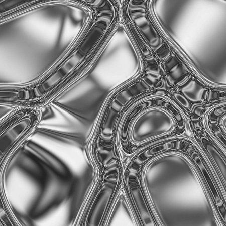 A close-up view of a shiny metallic surface with intricate interconnected patternsの写真素材