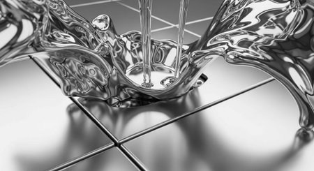 A close-up view of water flowing from a faucet onto shiny tiles