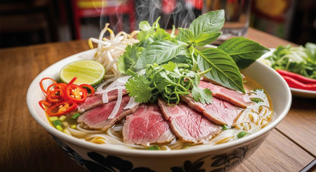 A steaming bowl of beef noodle soup with fresh herbs and vegetables on a wooden table