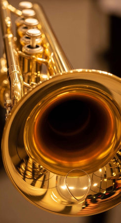 A shiny gold saxophone bell close-up with a blurred background