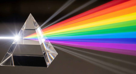 A crystal prism refracts light into a vibrant rainbow spectrum on a dark background