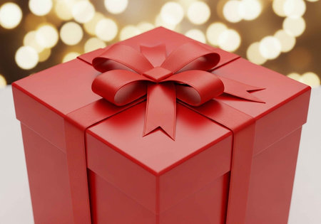 A beautifully wrapped red gift box with a ribbon on a festive background