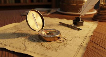 A vintage compass and quill pen on an old map with a warm atmosphere