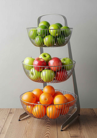 A three-tiered metal basket stand filled with fresh fruits on a wooden tableの写真素材