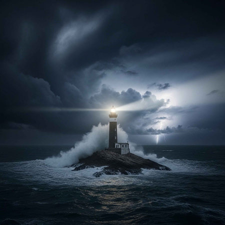 A dramatic lighthouse stands strong on a rocky island during a stormy night