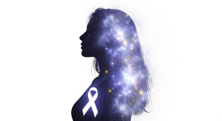 A woman's silhouette with a white ribbon and galaxy background symbolizing hope and awarenessの写真素材