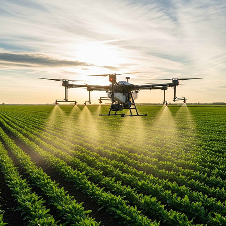 A drone sprays a lush green field at sunset with a cloudy sky