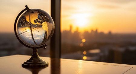 A globe sits on a table in front of a city skyline at sunset