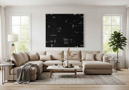 A modern living room with a beige sectional sofa and large windowsの写真素材