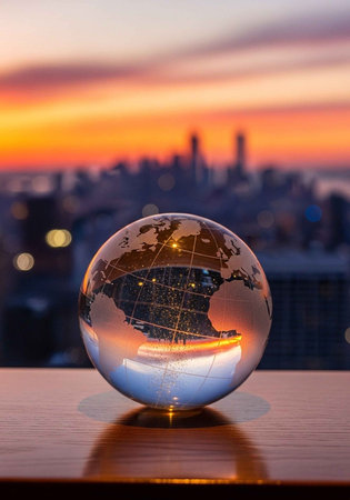 A glass globe sits on a table with a cityscape and sunset in the backgroundの写真素材