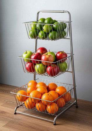 A three-tiered metal fruit stand holds baskets of oranges, apples, and limes.の写真素材