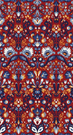 A vibrant floral pattern with intricate designs and colors on a fabric