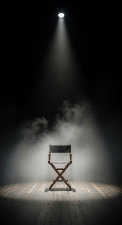 A single director's chair sits under a spotlight in a dark room with smoke