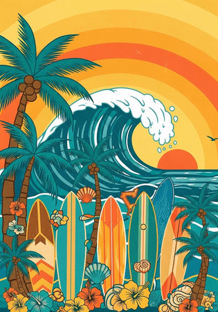 A vibrant beach scene with surfboards, palm trees, and a stunning sunset