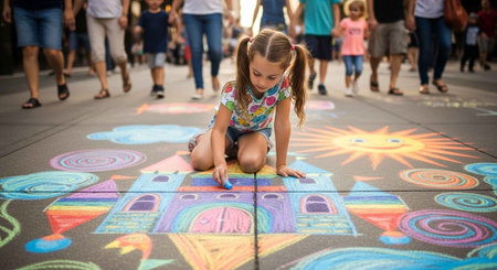 A young girl creates vibrant street art with colorful chalk on a sidewalkの写真素材