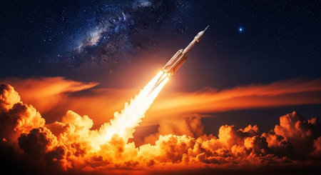 A rocket ship blasts off into a starry night sky with clouds and flames