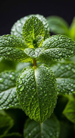 A close-up view of fresh mint leaves with water droplets on them