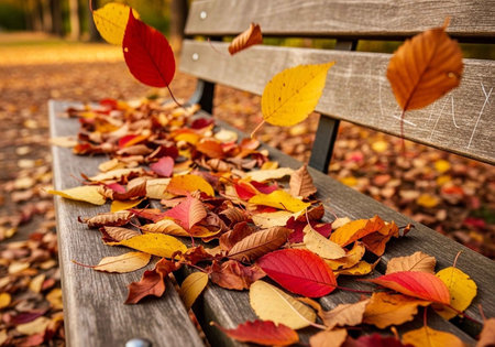 A wooden bench covered with colorful autumn leaves in a serene outdoor setting