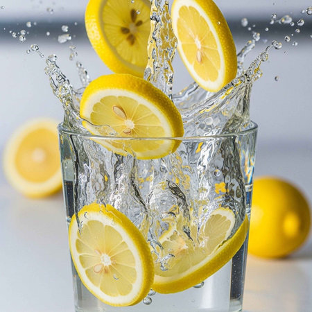 A refreshing glass of water with lemon slices splashing in it.