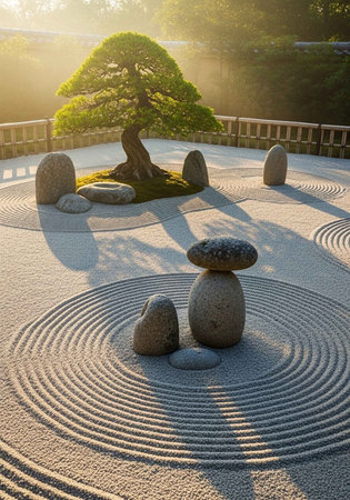 A serene Japanese garden with a bonsai tree and carefully raked gravel