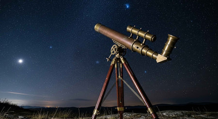 A vintage telescope stands on a tripod under a starry night sky with a bright moonの写真素材