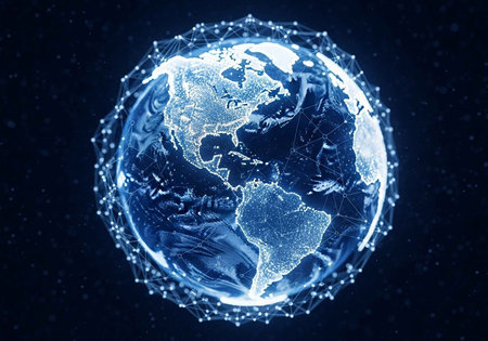 A glowing blue globe with a network of connections on a dark background