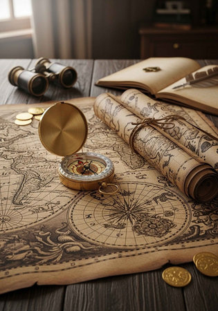 A vintage map and compass on a wooden table with gold coins and binoculars