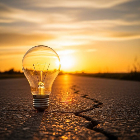 A lightbulb sits on a cracked road at sunset with a bright idea
