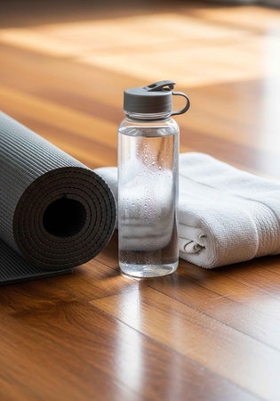 A yoga mat, water bottle, and towel on a wooden floor for a workoutの写真素材