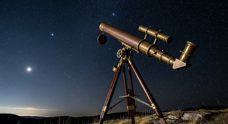 A vintage telescope stands on a hill under a starry night sky with celestial bodies