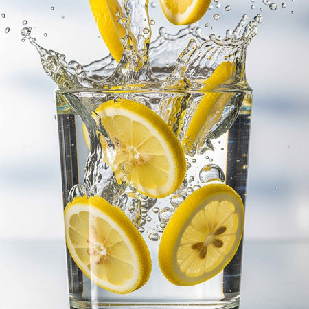 A refreshing glass of water with lemon slices splashing in it.