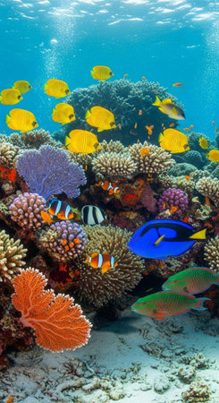 Vibrant coral reef teeming with colorful fish in crystal clear ocean water