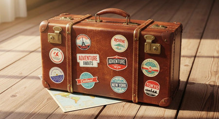 A vintage brown leather suitcase with travel stickers on a wooden floor