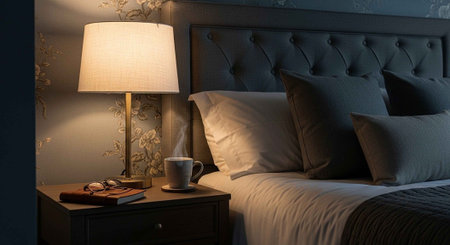 A cozy bedroom with a comfortable bed and a bedside table with a lamp