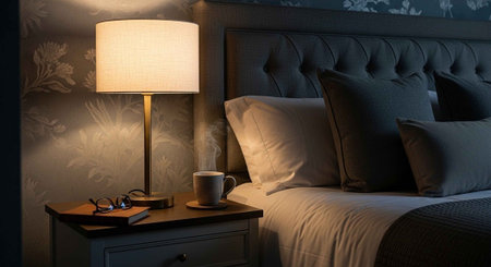 A serene bedroom scene with a bed, nightstand, and lamp at nightの写真素材