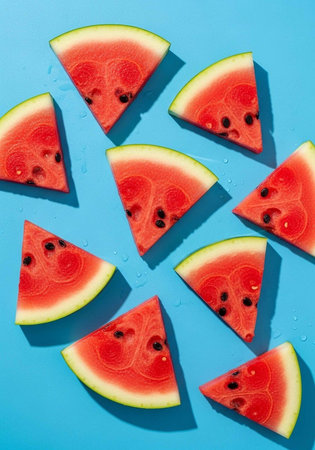 A vibrant display of fresh watermelon slices on a bright blue backgroundの写真素材