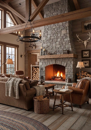 A cozy living room with a large stone fireplace and warm lighting