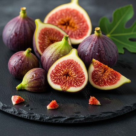 A vibrant display of fresh figs on a black slate plate with green leaves